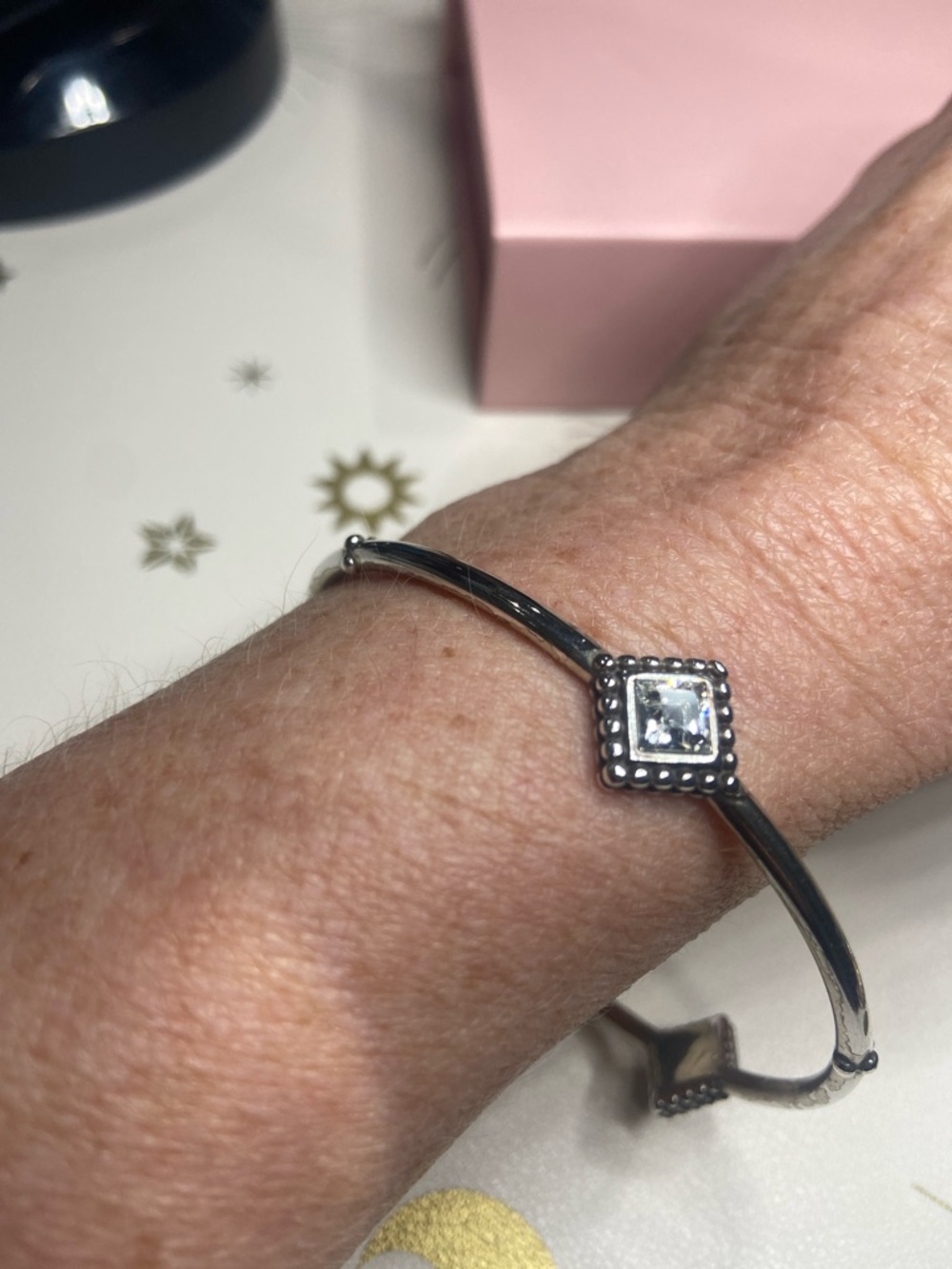Delicate Silver-Tone Brighton Twinkle  Bangle with Square Clear Crystal Accents - Picture 5 of 9